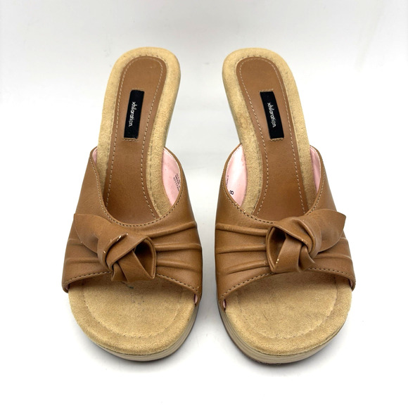 Vintage 00s Y2K Xhilaration Tan Faux Leather Wooden Block Heel Open Toe Pumps 8 - Picture 2 of 16
